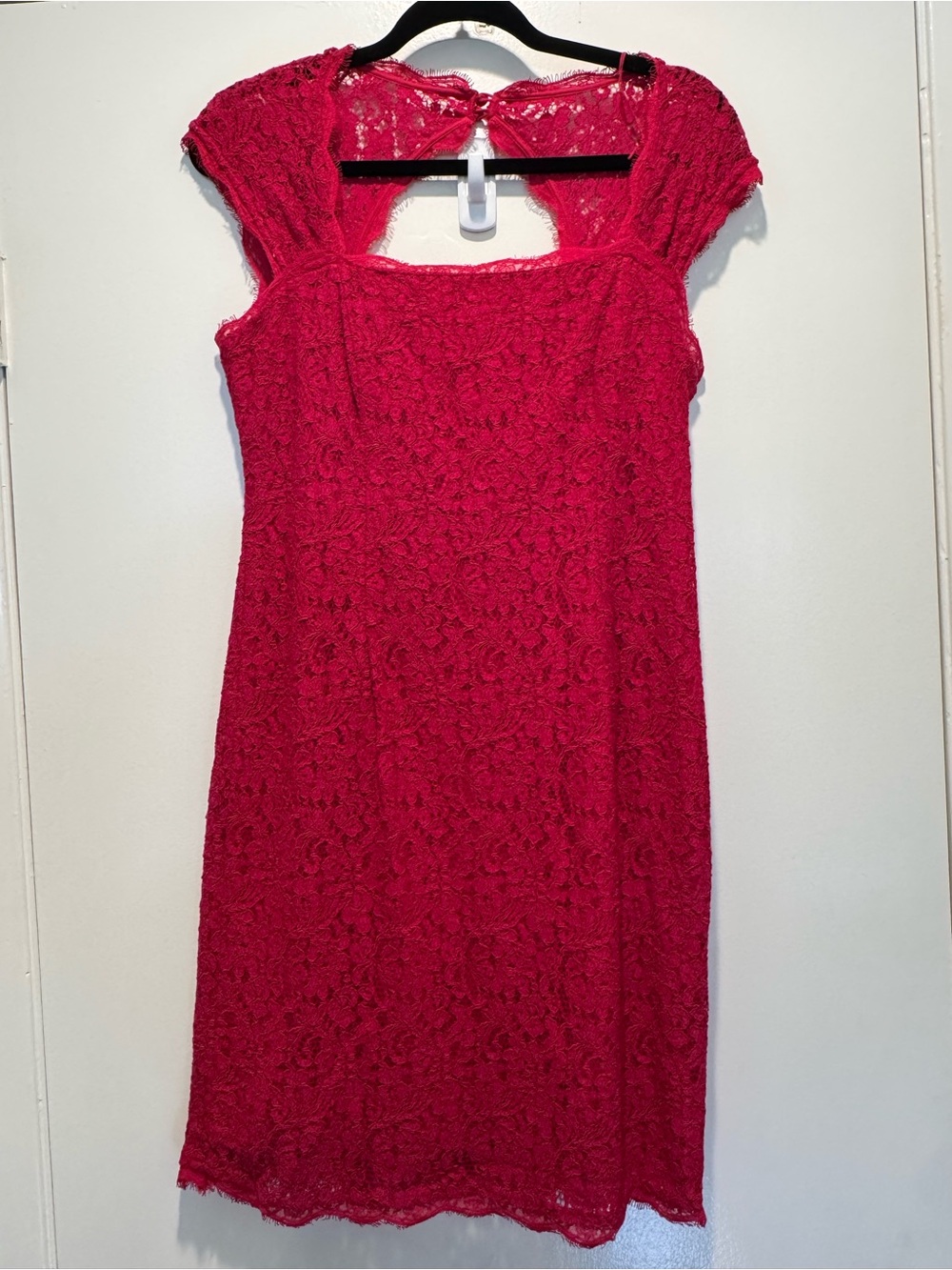 Adrianna Papell Bright Red Lace Midi Dress with Cap Sleeves